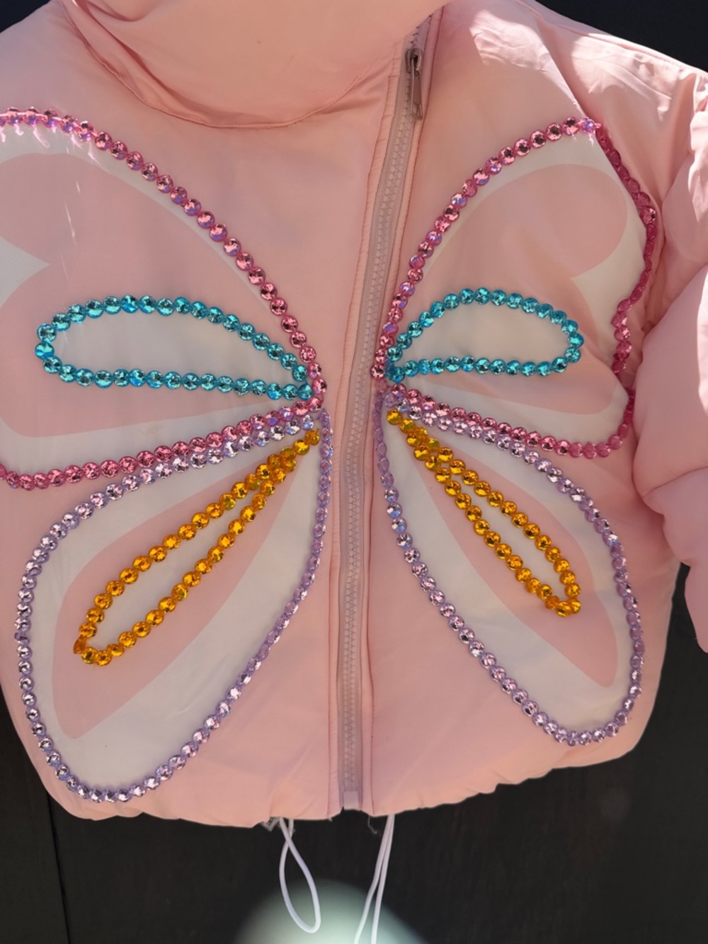 Lola + The Boys Pastel Pink Butterfly magic Sequin Puffer Jacket - Picture 7 of 9